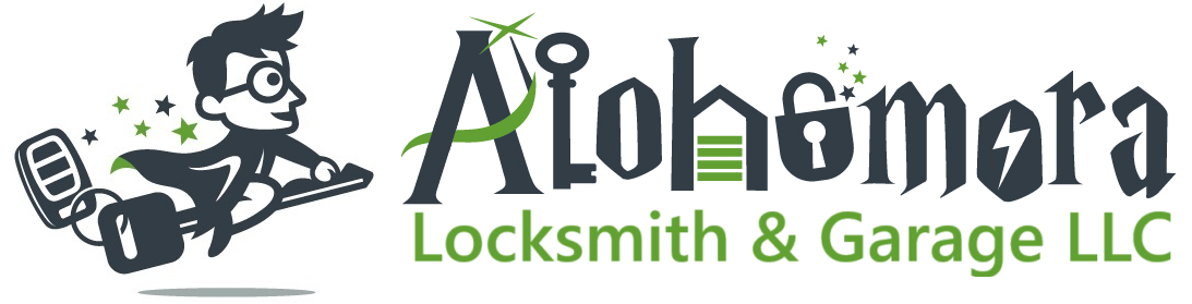 claritas-garag-doors-logo - Copy Logo for Alohomora Locksmith & Garage LLC featuring a cartoon character in a cape riding a key like a broomstick, with whimsical, magical-style text and green accents.