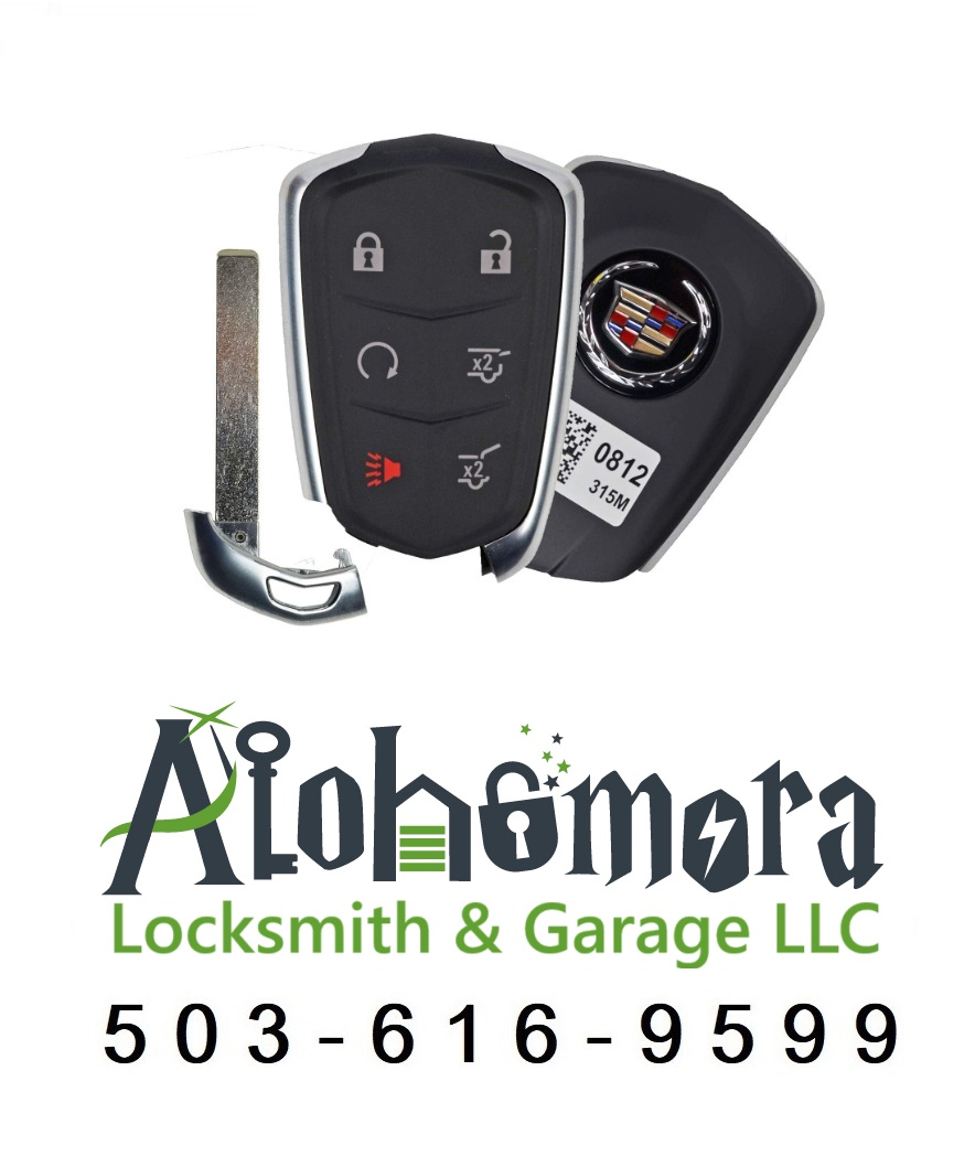 A Cadillac car key fob and detachable key blade above the Alohomora Locksmith & Garage LLC logo, with phone number 503-616-9599 displayed below.