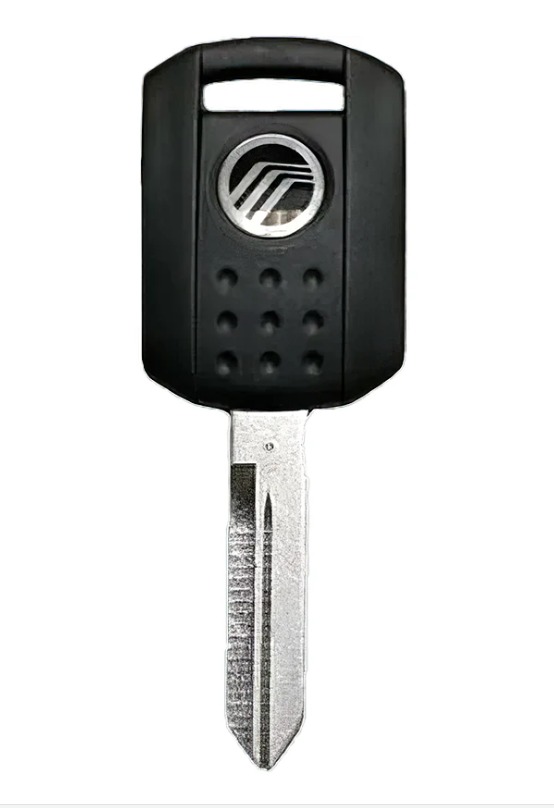 A car key with a black plastic head featuring a circular logo and textured dots, attached to a silver metal blade, isolated on a white background.